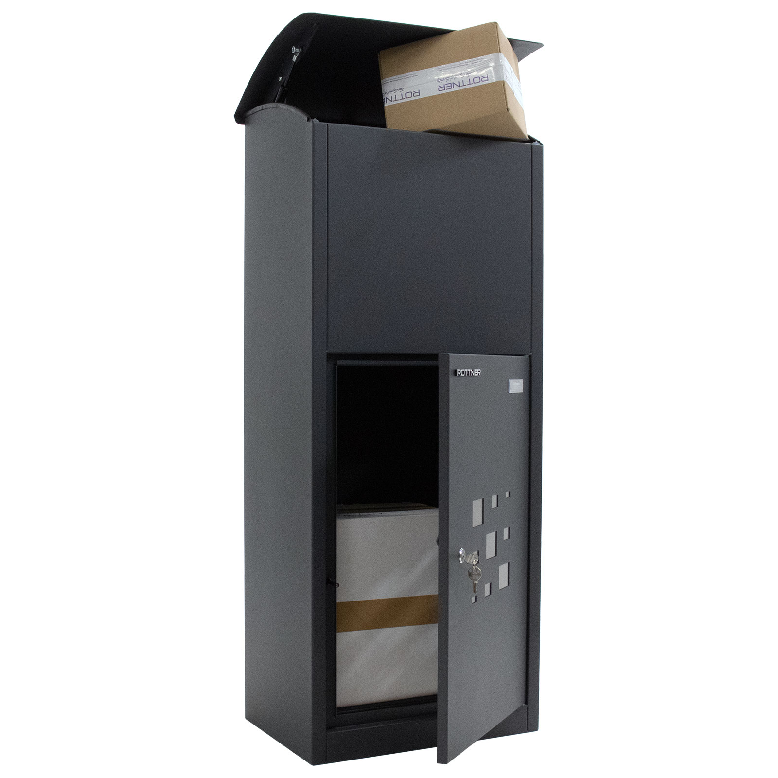 rottner-paketbriefkasten-parcel-protector-2-T06466_inhalt-vorne-oben Rottner Paketbriefkasten Parcel Protector 2, extra Groß mit viel Volumen Zylinderschloss Anthrazit