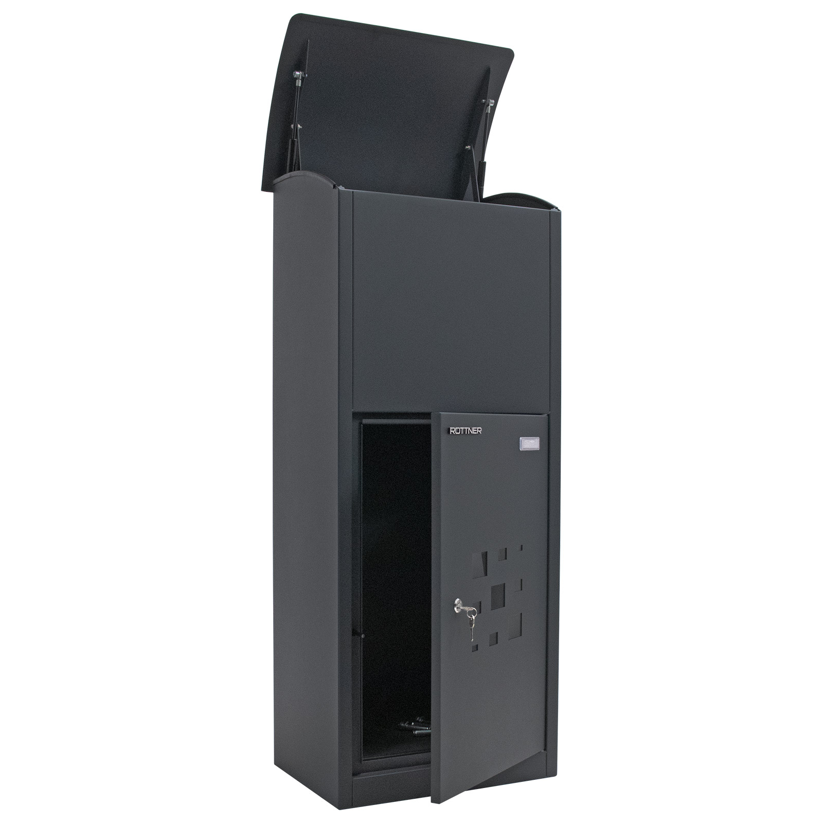 rottner-paketbriefkasten-parcel-protector-2-T06466_offen-vorne-oben Rottner Paketbriefkasten Parcel Protector 2, extra Groß mit viel Volumen Zylinderschloss Anthrazit