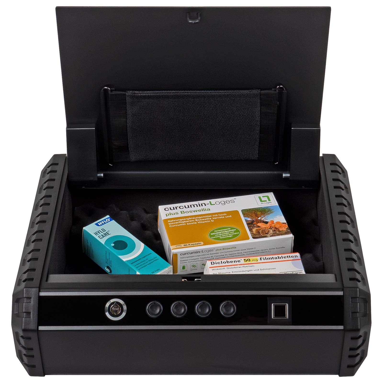 rottner-pistolenkassette-schutzbox-gunmaster-xl-v2-t06182_inhalt-medikamente Rottner Pistolenkassette Schutzbox Gunmaster XL Fingerprintschloss schwarz