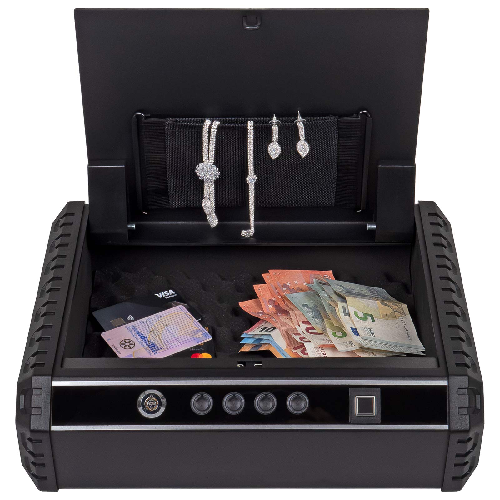 rottner-pistolenkassette-schutzbox-gunmaster-xl-v2-t06182_inhalt-wertsachen Rottner Pistolenkassette Schutzbox Gunmaster XL Fingerprintschloss schwarz